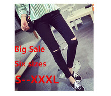Big Plus Size High Elastic Cotton Women Black High Waist Torn Jeans Ripped Hole Knee Skinny Pencil Pants Slim Capris S -XXXL