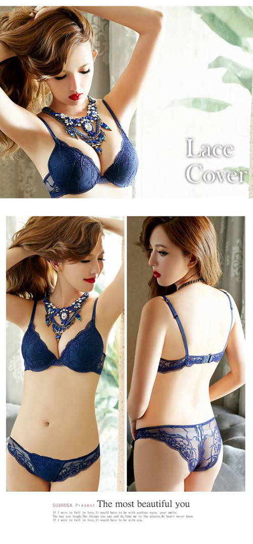 hot Pop transparent floral lace bra & brief sets thin cup leisure sexy deep-V push up women underwear bra set 16