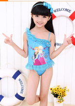 2015 lovely cartoon printing lace ice girls swim dress red blue color baby swim dress beach