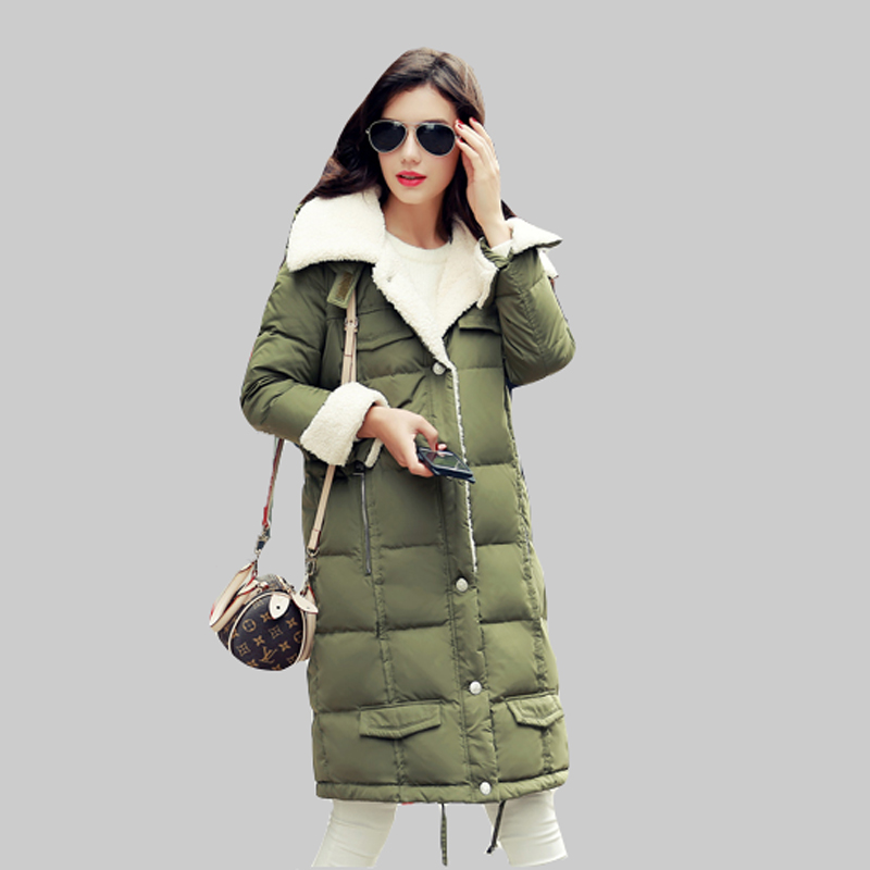 2016 Fashion Hooded Fur Collar Winter White Duck Down Coat Lamb Wool Lining Jacket Loose Thicken Winter Women's Down Coat DQ957