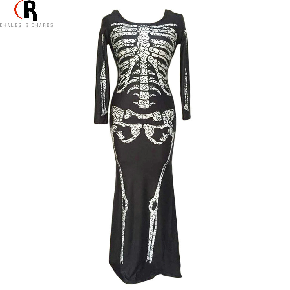 Black Skeleton Halloween Maxi Bodycon Dress Long Sleeve Sheath Novelty Casual Clubwear 2016 Spring Women New Fashion