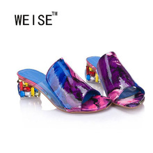 2016 Summer Fish Head Sandals Women Square Heel Flip Flops Spring New Shoes Rome-Based Fashion Casual Shoes White/Purple