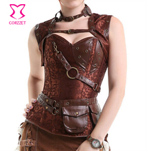 Burlesque Brown Brocede & Leather Steel Boned Waist Training Corset Steampunk Plus Size Corsets and Bustiers Gothic Clothing