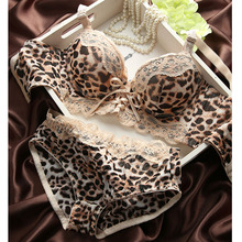 Fashion Woman Lady Lace Sexy Thin Push-Up Panties Sweet Bow Contrast Color Leopard print Fit Bowtie Underwear Sleepwear Bra Set