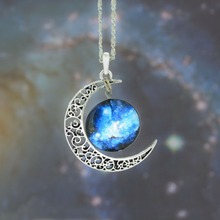 Collier Women Fashion 2015 Bijoux Necklace Jewelry Nebula Space Skyrim Glass With Piercing Moon Pendant Chain