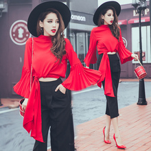 Red blouse shirt 2016 women spring stand collar loose big flare sleeve bandage top fashion unique long-sleeve suit shirt
