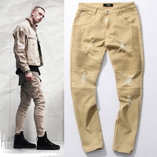 Mens Skinny jeans men 2015 Runway Distressed slim elastic jeans denim Biker jeans hiphop pants Washed jeans for men Beige