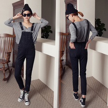 S1F108#1546 2016 New Women Korean Bleached Ripped Denim Overalls Black Denim Jumpsuits Female Washed Strap Trousers