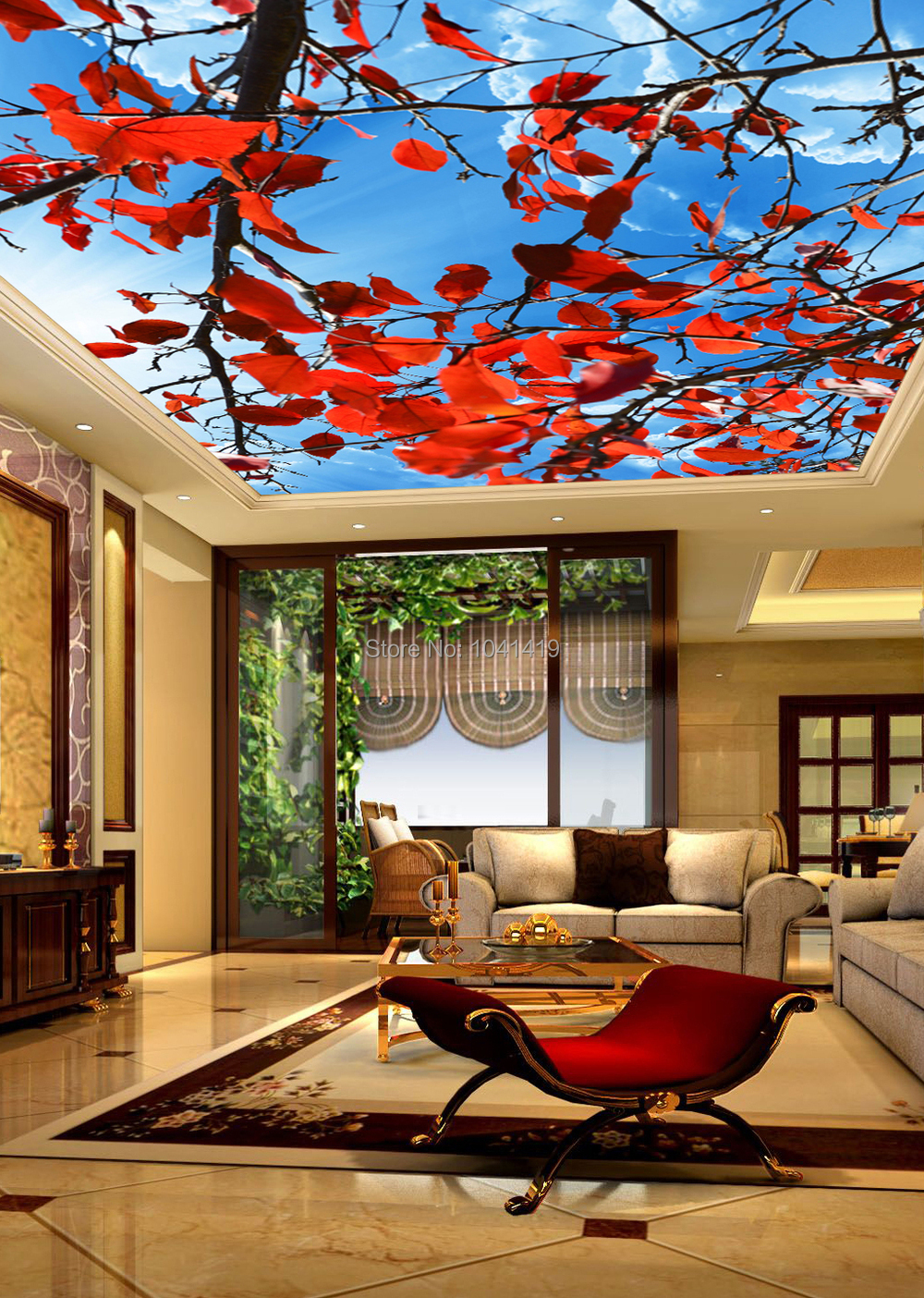 Custom Large 3D Stereo Ceiling Mural Wallpaper Red Leaves Nature
