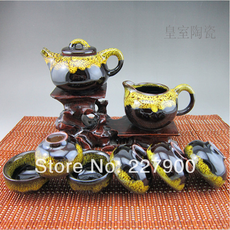 8Pcs Jingdezhen Ceramic Jun Kilns Yellow And Brown Small Kung Fu Tea Set Tea Service