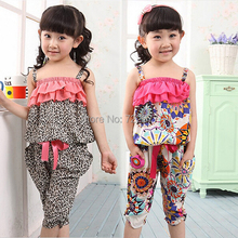 Hot Children Summer Clothing Sets Baby Girls Spaghetti Strap leopard Tops + Casual Harem Pants For 2-10Y Kids Bohemia Beach Suit(China (Mainland))