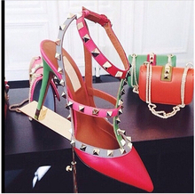 2015 Hot Fashion Women Shoes Pumps Spell Color Pointed Toe High Heels Buckle Studded Stiletto Heel