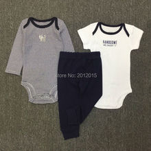 New Arrival 2016 Fashion Cotton Baby Boys 3 Pieces Sets Short Sleeve Striped Romper Cute Cartoon Fox Full Length Pants