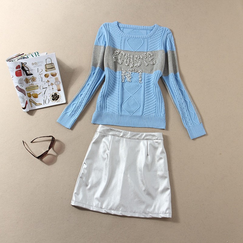 2015 Winter Women 2 Piece Clothing Set Casual Twinset Fashion Designer Long Sleeve Pullover Bead Sweater and PU Skirts Suit Sets