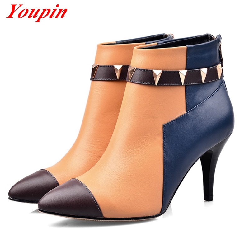 Latest  temperament autumn winter boots Pointed Toe Thin Heels Retro belt buckle Comfortable shoes wild Spell color leather mix