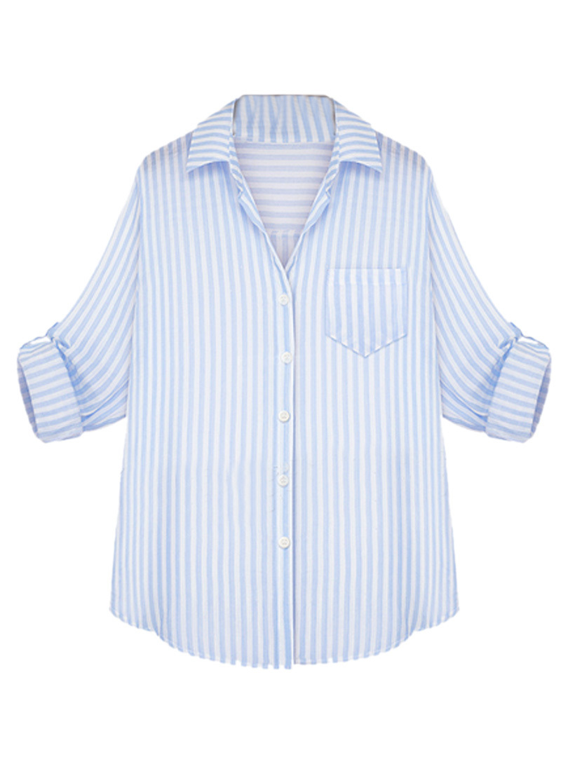 Light Blue Stripe Long Sleeve Turn Down Collar Single Breast Pocket 