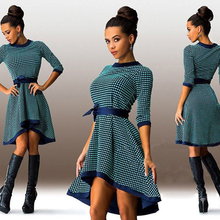 Fashion Women Autumn Outwear Vintage Tartan / Plaid / Checked Printed Crew Neck Belted Dress High Low Wrap Jumper Tunic Dresses