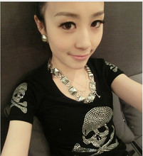 2015 Summer Plus Size Women T shirt Female Short Sleeve Cotton Diamond Skull print tops Women