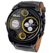 2015 a estrenar Oulm 9318 relojes para hombres relojes de doble Movt tiras horas Marks Dial redondo banda de cuero reloj de regalos envío gratis