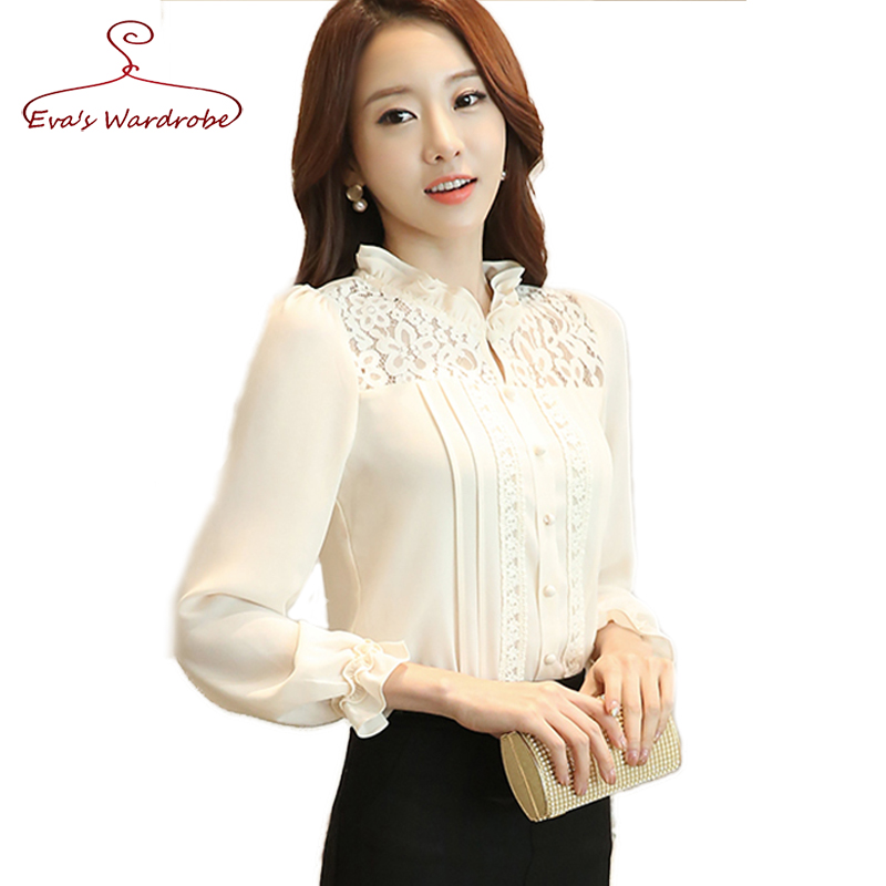 Turtleneck Lace Stitching Chiffon Shirts Fall 2016 Women s Blouses Plus Size Slim Female White Lace