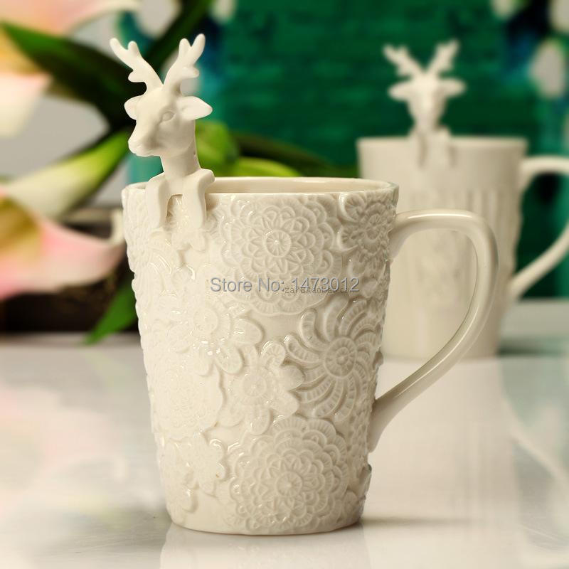 New Zakka Lace Relief Ceramic Mugs With a Elk Style Spoon as a Gift Beautiful Pastoral