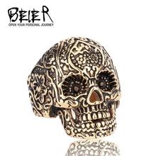 Classice 316L Stainless Steel Jewelry Men’s Gold Garden Flower Skull Ring Punk  Free Shipping BR7013A FS US Size