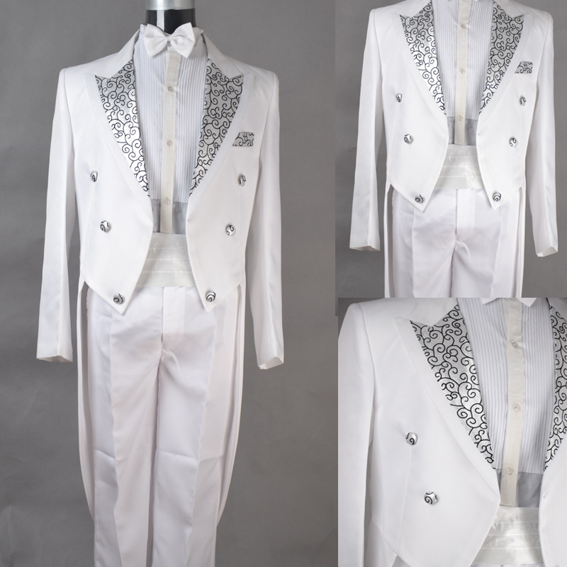 Tuxedo silver curved flower mens white tuxedo jacket with black lapels