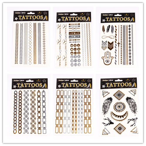 T001 006 NEW Design 2015 Sex Flash Temporary Tattoo Necklace Choker Bracelet Tattoo Flash Golden Metalic