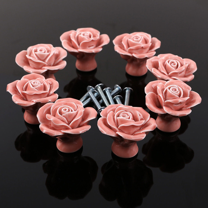 Pink Knobs Rose Flower handles pulls Dresser Knobs Ceramic Drawer Knobs