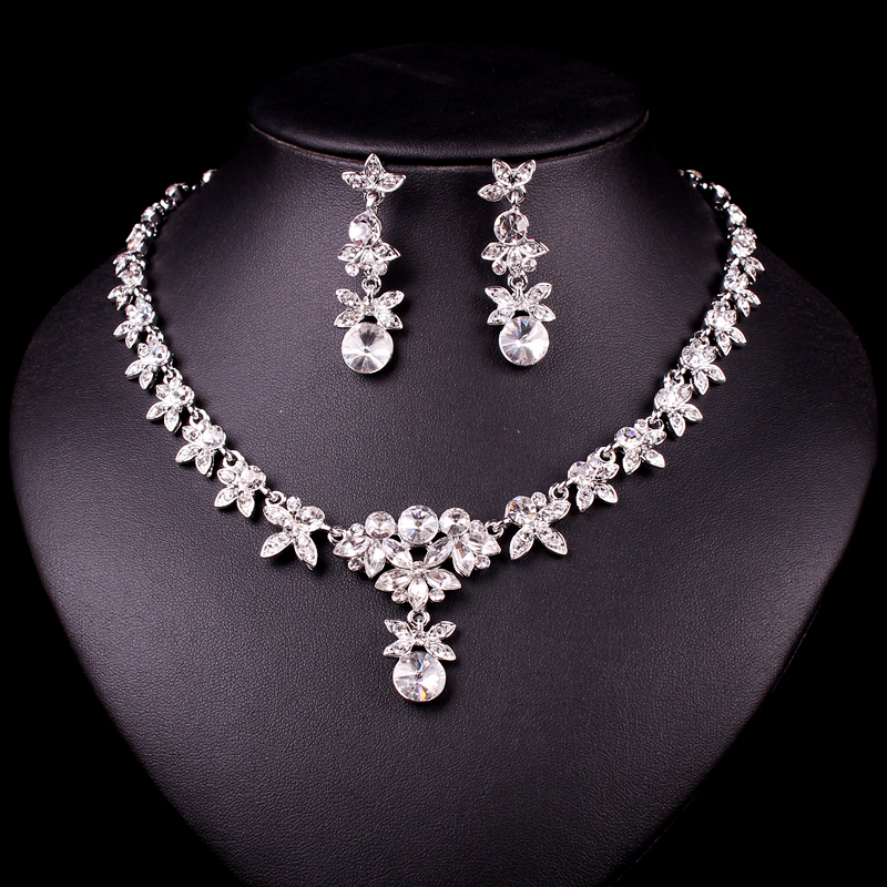 High end Floral Crystal Bridal Jewelry Set Women Prom Party Necklace Earring Set Silver Plating Wedding Dresses Brides Present