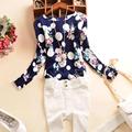 2016 Summer Casual Chiffon Shirts Sexy Deep round Neck Women Blouses Blue White Long Sleeve Solid
