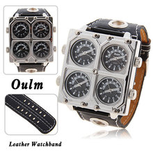 2015 nuevo diseño de marca famosa Oulm 9835 reloj para hombre deporte muñequera de cuero 4 mostrar tiempo caso grande aventura militar del cuarzo del reloj