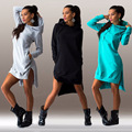 2016 New Arrival Winter Dress Cotton O neck Long Sleeve Fashion Casual Style Irregular Solid Hooded