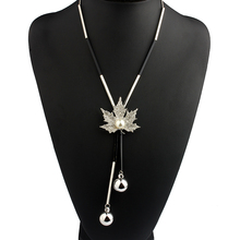 Lovely Maple Leaf Long Beaded Chain Tassel Pendant Necklace Women Office Lady Winter Imitation Pearl Beads