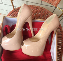 2015 Red Bottom High Heel Patent Leather Peep Toe Ultra High Platform Nude Pump Daffodile Women Genuine Leather Shoe Brand