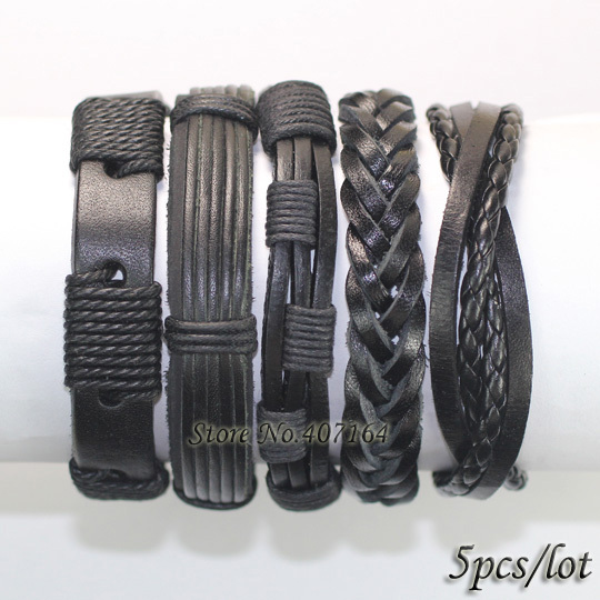 FL24 5pcs black wristband genuine braided wrap leather bracelets men 2015 bangles for women femme pulseira