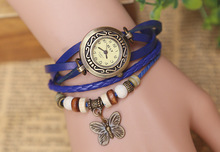 Venta directa venta nuevo retro tejidas pulsera de cuero de becerro para mujer de moda reloj 6 de mariposa de Color