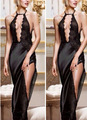 Deep V Neck Spaghetti Strap Open Bra Fork Black Long Satin Dress High Split Bodycon Women