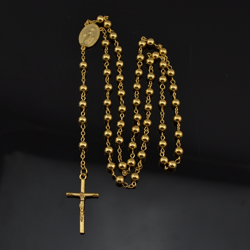 NEW catholic cross pendant Goddess 18k gold plated Trendy long rosary necklace CR027 for mens women