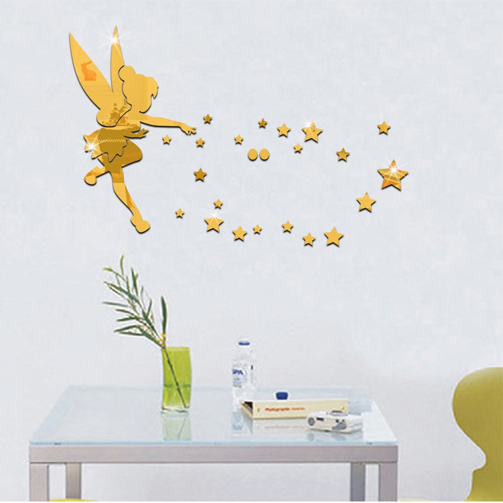 silver 26pcs/set Tinkerbell Fairy Wall Mirror Acrylic Mirrored Decorative Tinker bell Wall stickers Home Decoration