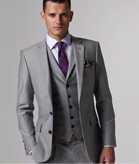 Cheap Light Grey Groom Tuxedos Two Buttons Notch Lapels Buttons Cuffs Dual Vents Men\'s Wedding Suits Groom\'s Suits (Jacket+Pants+Tie+Vest)