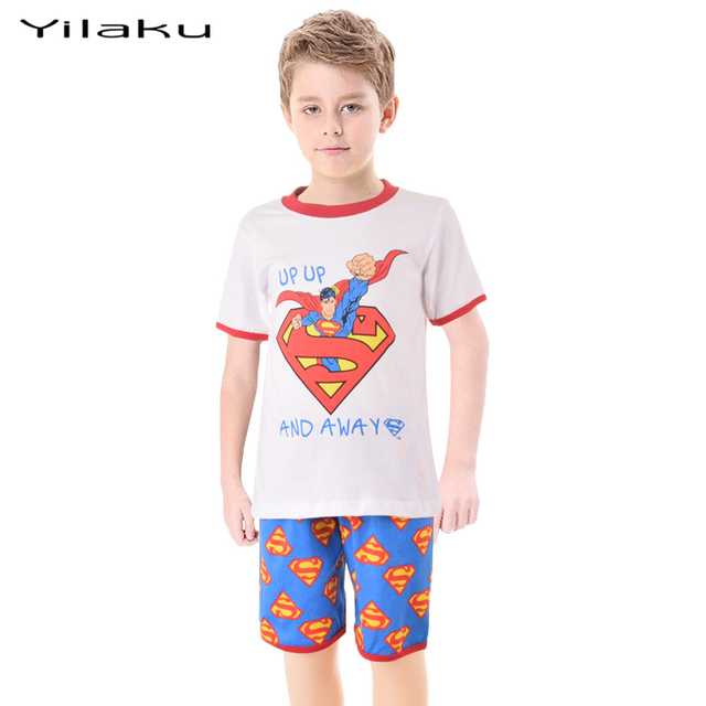 2 шт. мультфильм мальчиков девочек Superrman малыша комплект одежды ребенок супергерой пижамы комплект домашней одежды летний подарок CF210