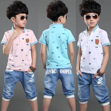 Summer style Kids suit 2 piece Polo shirt+Jeans Clothing set for Baby boys Sport suit 100% Cotton Tracksuit Baby clothes