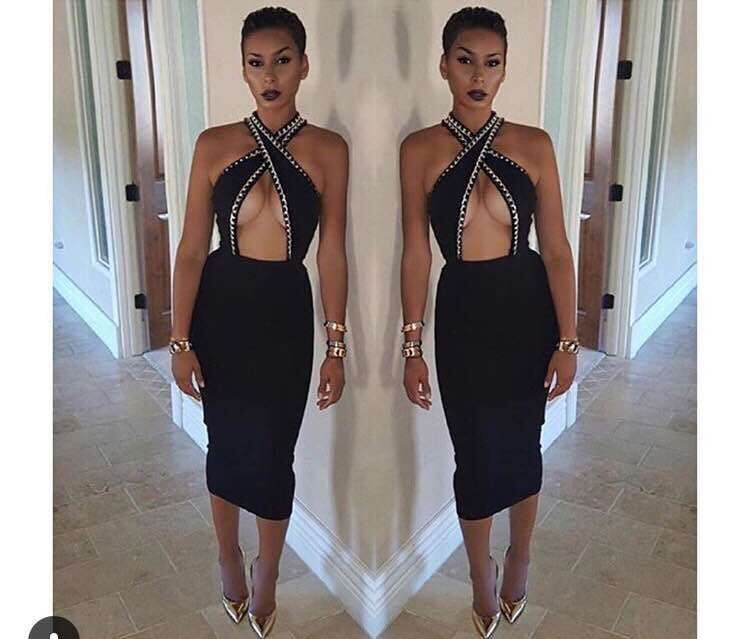 women dress 2016 sexy deep V-neck beading black bodycon dresses elegant celebrity party pencil women knee-length bandage Dress