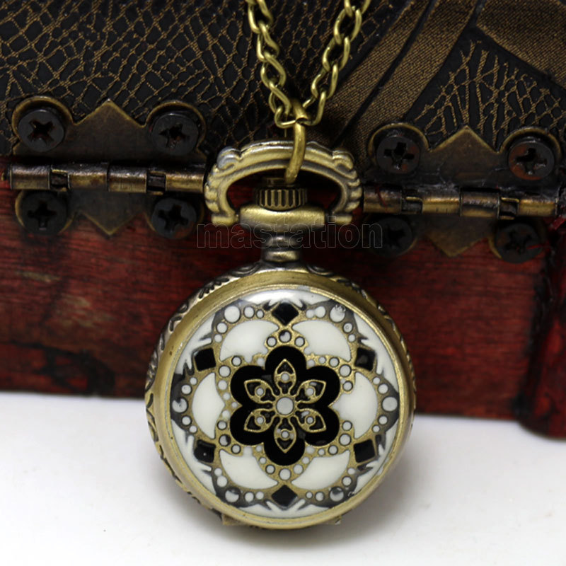 2014 New 1PC Necklace Chain Flower Enamel Pocket Watch W Battery Bronze Tone 82 5cm P569
