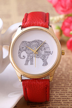 2015 nueva moda para mujer reloj de pulsera impresión del elefante de la PU banda de cuero de la aleación analógico de cuarzo reloj de marcación