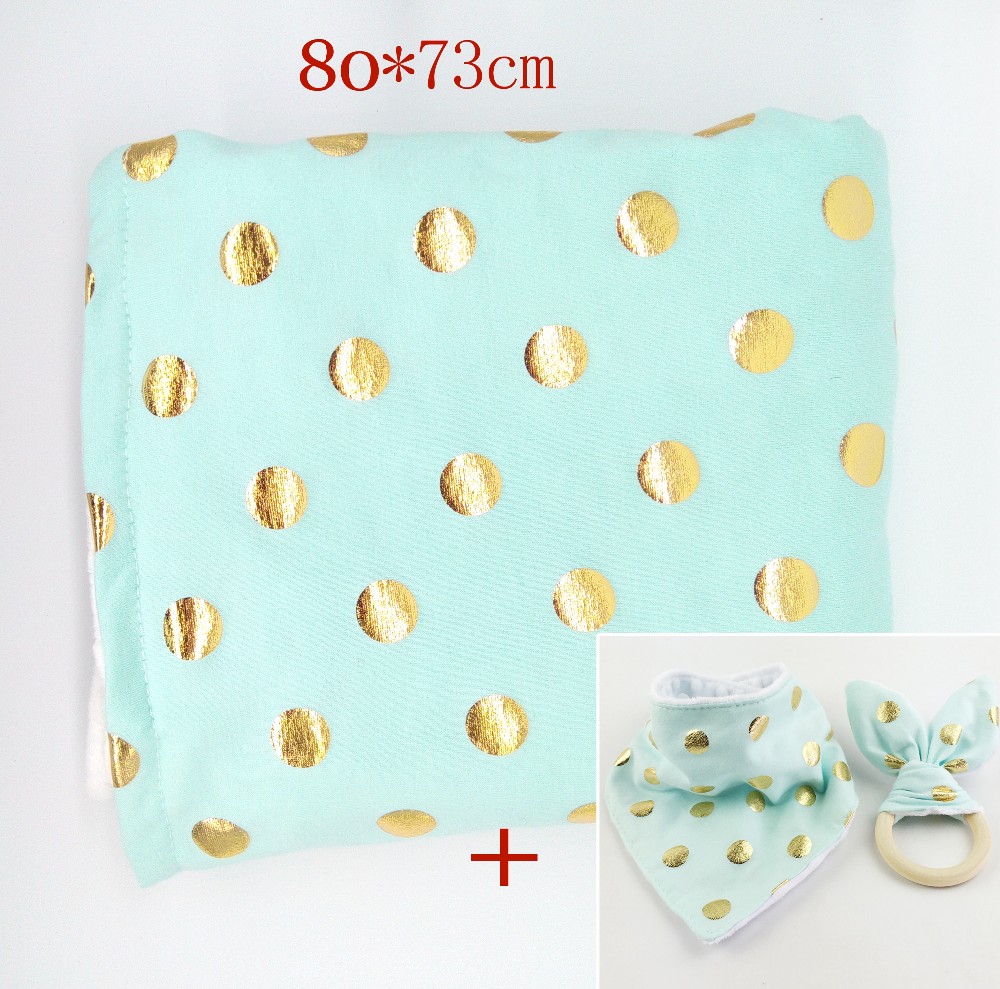 Cotton Baby Bedding Blanket Spots Glod Plus Size Baby Carseat Blanket 3pcs Set Bib Wood Ring Bunny Ear Baby Gift