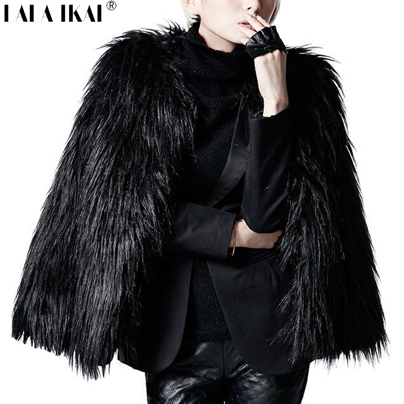 Women Winter Black Fur Coat Long Sleeve Faux Fur Outerwear Lady Short