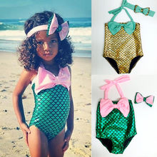 2-7Y Children Kid Baby Girls Swim Wear Cute Bow Bright Little Mermaid One Pieces Costume Swimsuit Bathing Suit Swimwear New 2016