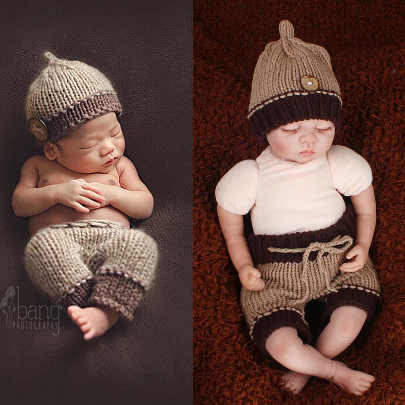 New Coming Baby Boys Photography Props Hat Set Infant Handmade Crochet Knitted Cap  Toddler Costume Outfit Headwear